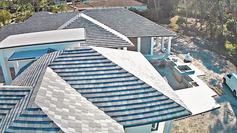 Aerial view of tile roof sections on a large residential property, Big River Roofing